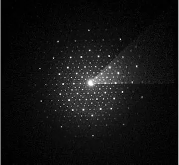 High-resolution TEM image and electron diffraction pattern of Al72Fe24Ni4 dodecagonal quasi-crystal.