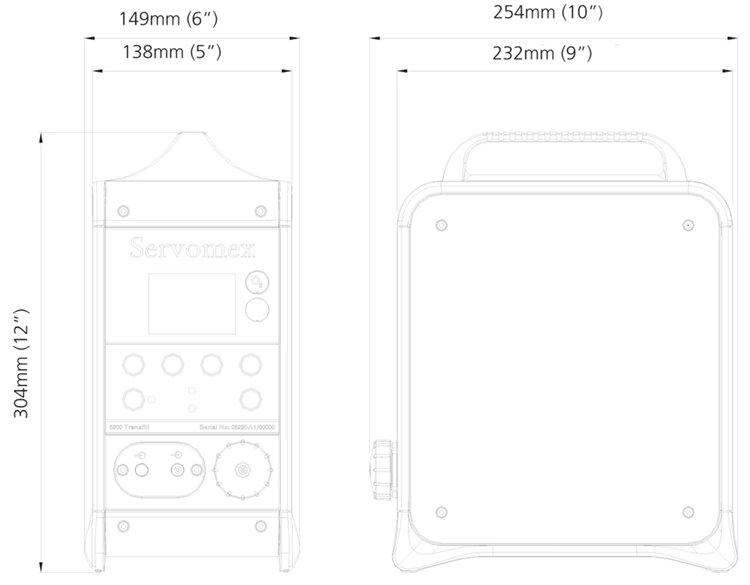 MiniMP 5200 04 for High-Precision Gas Analysis schematic in black and white, front and side view with dimensions.