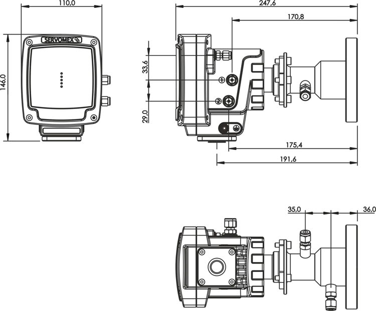CA schematic of the SERVOTOUGH Laser 3, providing dimensions and structure.