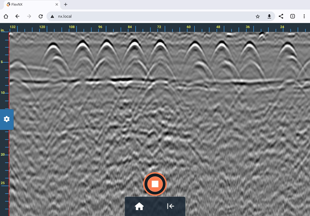 This data is a screen shot taken from a tablet using NX25 Nexus Elements. GPR data was collected on a vertical concrete wall showing two layers of rebar and possible air void behind the wall