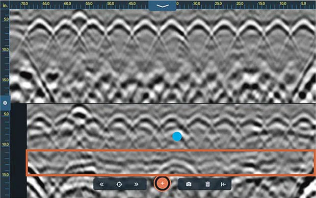 This example shows a suspended slab with a top rebar layer above a hard-to-see PVC electrical conduit. Data from the standard antenna (top) shows a series of high amplitude rebar targets obscuring the PVC conduit (blue dot). The cross pol data (bottom) shows the hidden PVC conduit and the clearly defined bottom of the slab interface (orange box). Also visible are the structural elements supporting the slab.