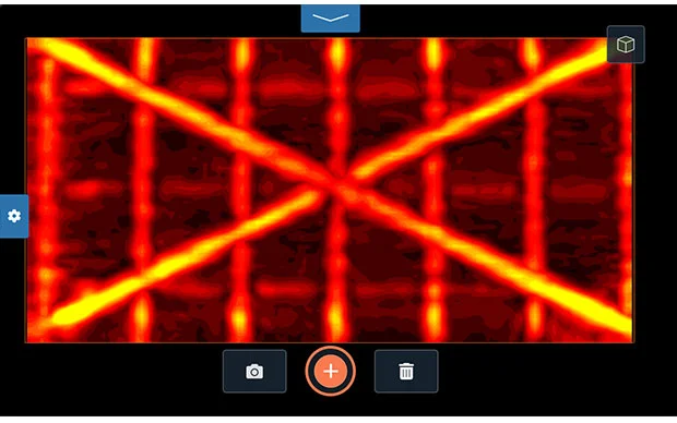This example shows a Flex Mode scan in Top Down view. This dataset was collected with an average scan spacing of 2.5 cm (1 in), providing the resolution to distinguish two crossing conduits positioned above a rebar mat