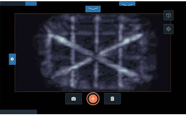 This example shows a refined Flex Mode scan in Top Down view. This scan did not fill the entire 120 cm x 60 cm (4 ft x 2 ft) area, but it still revealed enough detail to set the stage for a traditional 2D mark out