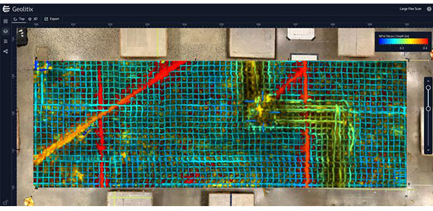 A large concrete grid, with 269 individual profiles totaling 4 GB, was collected with Flex NX and assembled in Geolitix. The data revealed highly detailed information about previous saw cuts and wire mesh layout, and helped to visualize an area of thicker concrete with rebar or conduit running along the bottom of an area of dipping mesh. Below the slab were multiple PVC pipes and a rodent burrow. The Multislice feature in Geolitix provided a full top-to-bottom view of the GPR slices by assigning different colors to targets at various depths. The resulting image provided a powerful mission-planning tool for any subsequent cutting, coring, or drilling projects