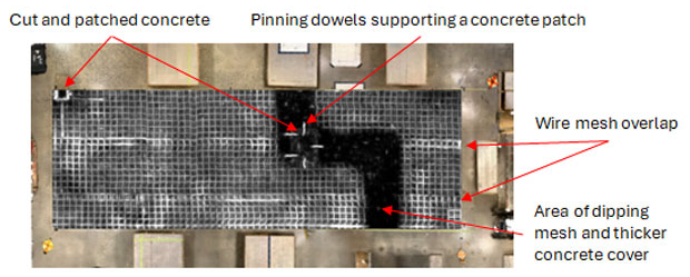 A large concrete grid, with 269 individual profiles totaling 4 GB, was collected with Flex NX and assembled in Geolitix. This top-down slice reveals stunning detail about the wire mesh installation and previous saw cuts. It also shows an area where the mesh dips into a trench with thicker concrete cover.