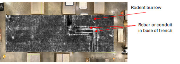 A large concrete grid, with 269 individual profiles totaling 4 GB, was collected with Flex NX and assembled in Geolitix. This top-down slice provides a detailed view of the base of the dipping mesh trench, and shows rebar or conduit that should be avoided during cutting, coring, or drilling. Also imaged was a rodent burrow at the slab/sub-grade contact.