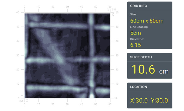 This data example shows reinforced concrete with deep rebar reflections in the upper section and a prominent, continuous response from a large electric conduit bank located beneath the rebar layer