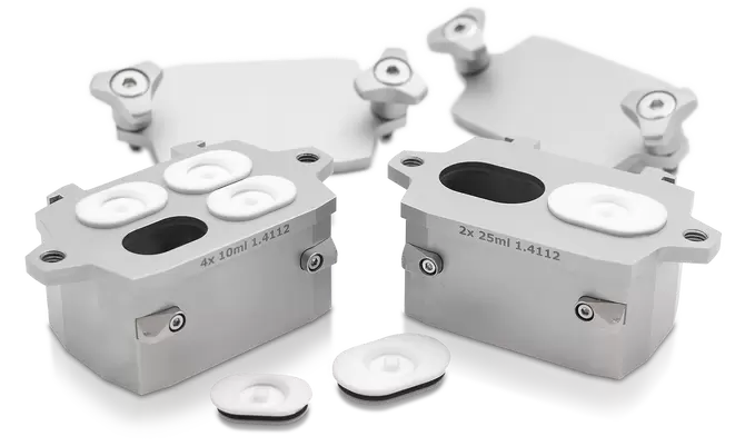 Multi-cavity jars of 4 x 10 ml and 2 x 25 ml, made of stainless steel, incl. PTFE pouring aids.