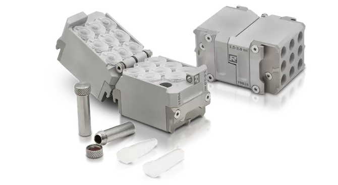 Adapter for 18 x 2 ml safe-lock reaction vials or 9 x 2 ml steel tubes, made of aluminum.