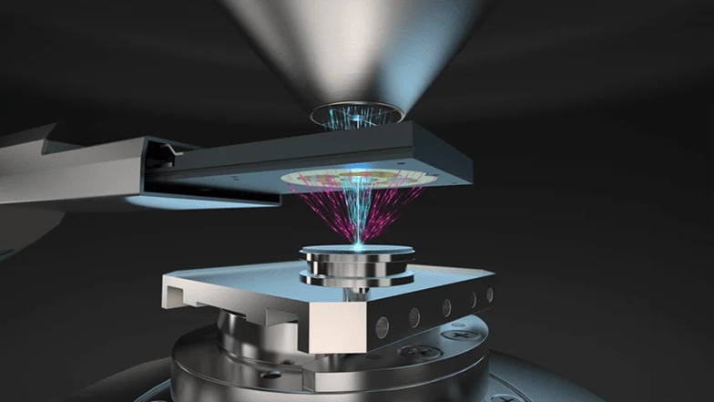 Schematic showing how the primary electron beam of the SEM passes through the opening in the center of the XFlash® FlatQUAD 2L. The X-ray signal emitted from the sample (magenta) is collected by the four SDD segments surrounding this opening, maximizing the solid angle and collection efficiency, whilst backscattered electrons (blue) pass back through to the SEM pole piece for BSE imaging.