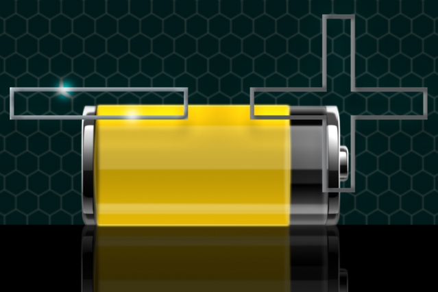 Yellow battery with a plus and minus sign.
