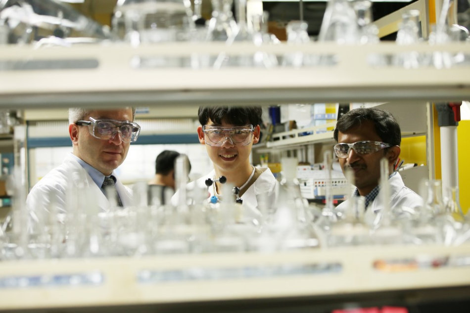 Professor Cafer T. Yavuz (left), PhD Candidate Youngdong Song (center), and Researcher Sreerangappa Ramesh (right).