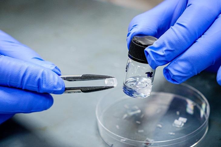 A close up of the new piezoelectric crystal developed by NTU scientists, which can flex up to 40 times more than the conventional ferroelectric crystals typically used in small actuators and sensors.