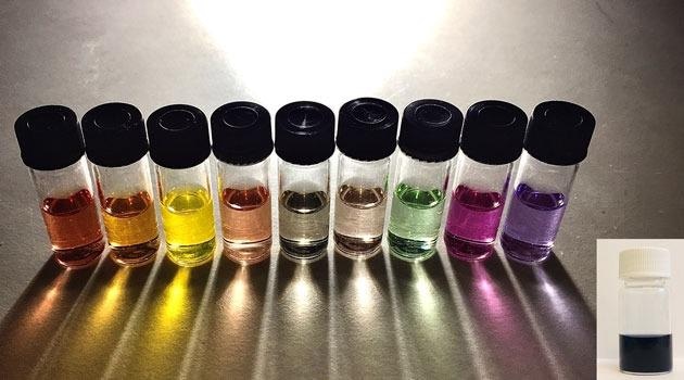 The polymer dots in the black solution (inset image) can absorb more light, and show better photocatalytic properties, than the single-component polymer dots in the colored solutions.