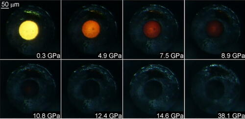Optical micrographs showing piezochromism in (EDBE)[CuCl4] perovskite.