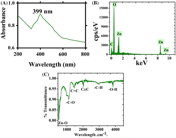 (a) UV visible spectroscopy, EDX and FTIR analysis of ZnONPs (a) UV; (b) EDX; (c) FTIR.
