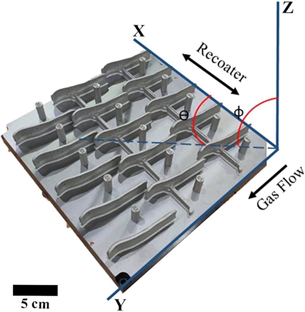 Print orientation demonstrating the recoater direction relative to the gas flow; samples for this study were extracted from the columns, which had systematic variations in the printing speed.