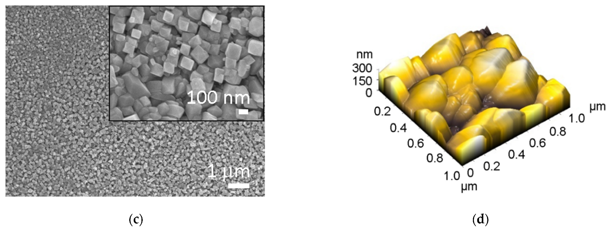 SEM and AFM images of: (a,b) untreated Ti foil (Ti), and (c,d) hydrothermally treated Ti (Ti HT), respectively.