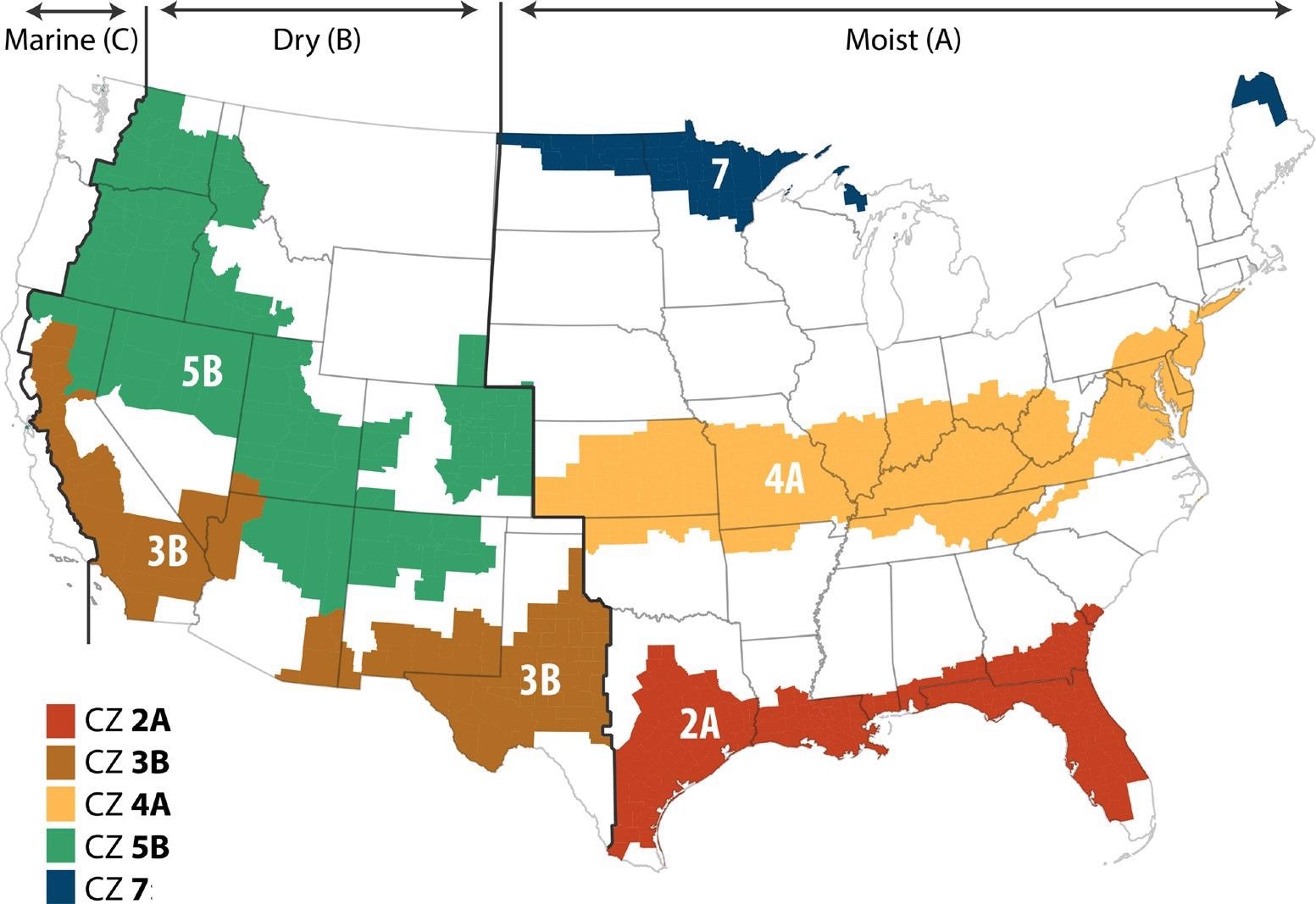 Modeled IECC climate zones that map to DOE BA climate regions. DOE prototype buildings, which were used to build the baseline model, are modeled in IECC climate zones, while EIA data, which were used to inform the aggregation of the models, are categorized by BA climate regions. This mapping reconciles DOE prototype IECC climate zone categories with EIA reported BA climate regions.