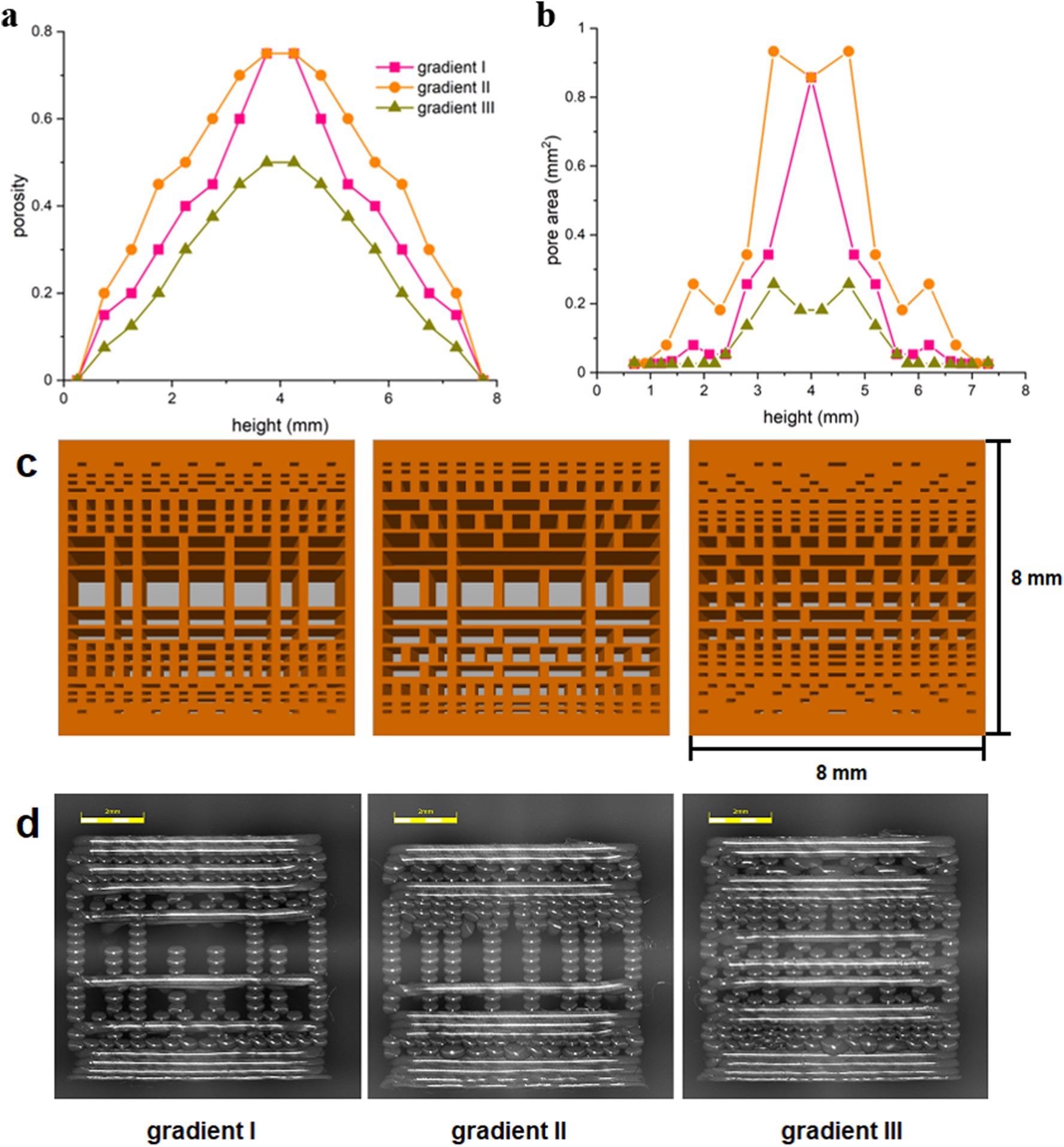 Porosity trend (a.) and average area of a single pore (b.) in gradient specimens with respect to their placement across the specimen height (the lines are just guides for the eye); c. Design detail of the gradient specimens investigated in the x-z plane; d. CLSM images of gradient 3D printed samples (scale bar is 2 mm).
