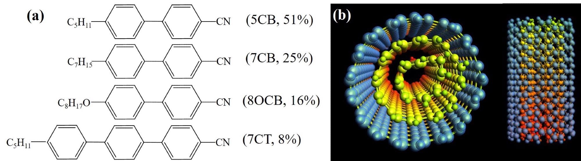 (a) represents the wt% constituents of the different monomers in the E7 LC mixture; whereas, (b) depicts the schematic of top and front views of MWCNTs (designed via Avogadro software [34]).