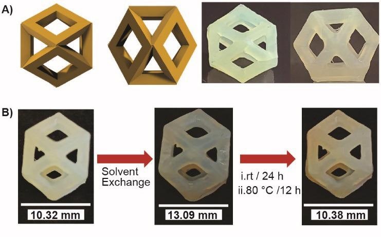 (A) Digital designs and the SLA printed 0.60 wt.% ANF nanocomposite structures (B) As printed Vesak lantern, after solvent exchange in DI water for 12 h, and after drying. White scale bars represent the length of the Vesak lantern.