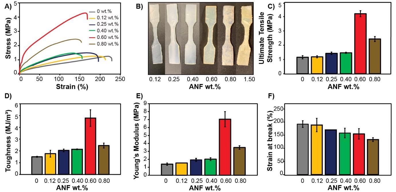 Evaluation of mechanical properties of the control photoresin and the ANF nanocomposites. (A) SLA printed tensile specimens of nanocomposites with different concentrations of ANFs (B) Representative stress-strain curves (C) Ultimate tensile strength (D) Toughness (E) Young’s modulus (F) Strain at break of the control photoresin and nanocomposites with different concentrations of ANFs.