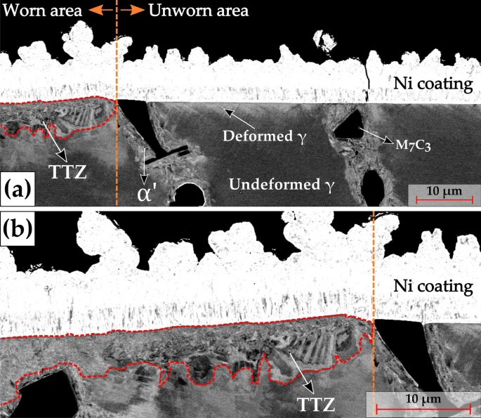 a SEM BSE micrographs of the transverse section encompassing both the worn and the unworn regions. The dashed orange vertical line represents the wear track edge. The respective HCCI microstructural phases are marked for reference along with the Ni coating. The dashed red enclosure represents the tribologically transformed zone (TTZ); b Magnified BSE micrograph of the worn area as indicated in (a). The Ni coating is marked for reference and the dashed enclosure indicates the TTZ (Color figure online)