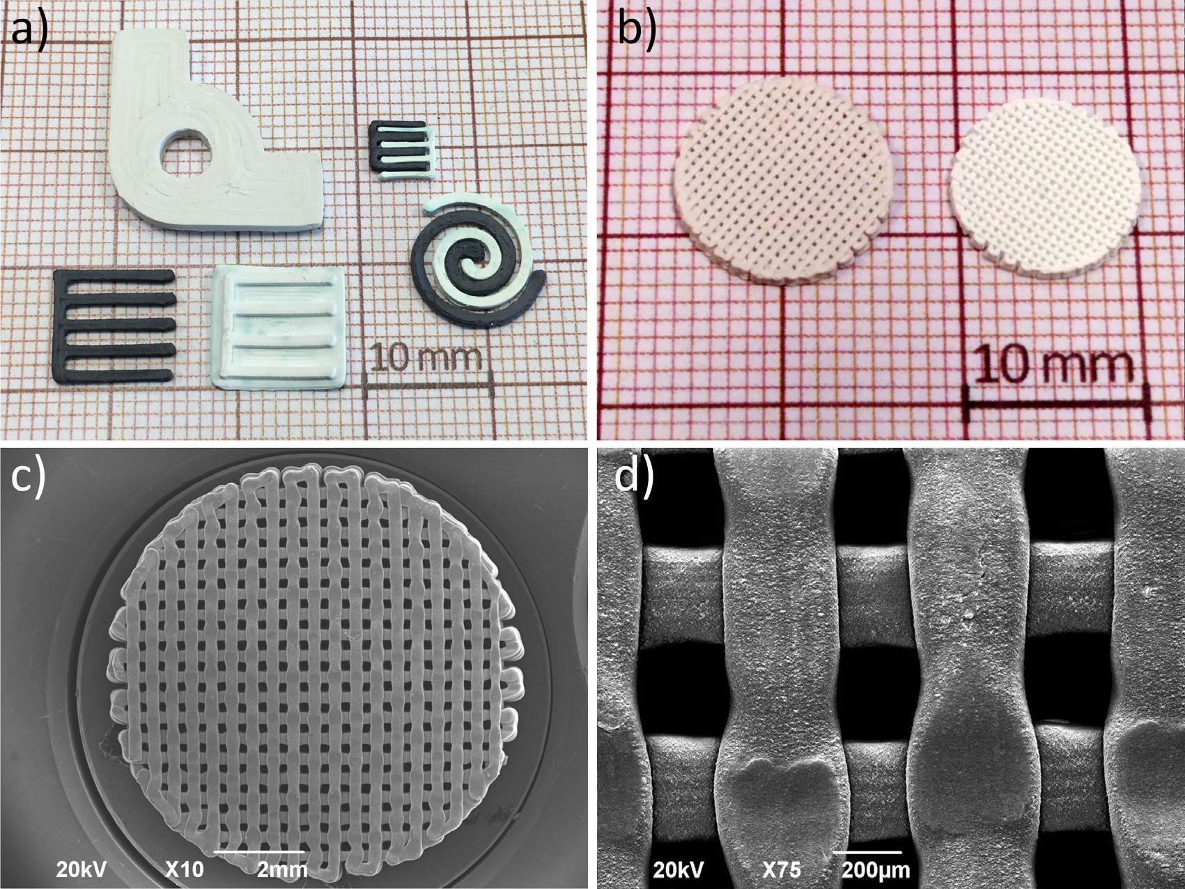 (a) Full ceramic LTO (white) and LCO (black) components manufactured via FFF and sintering; (b) LTO porous electrodes in green (left) and sintered (right) state; (c) SEM image showing LTO grid-shaped electrode; (d) SEM image showing the pore size of the grid-shaped electrodes.
