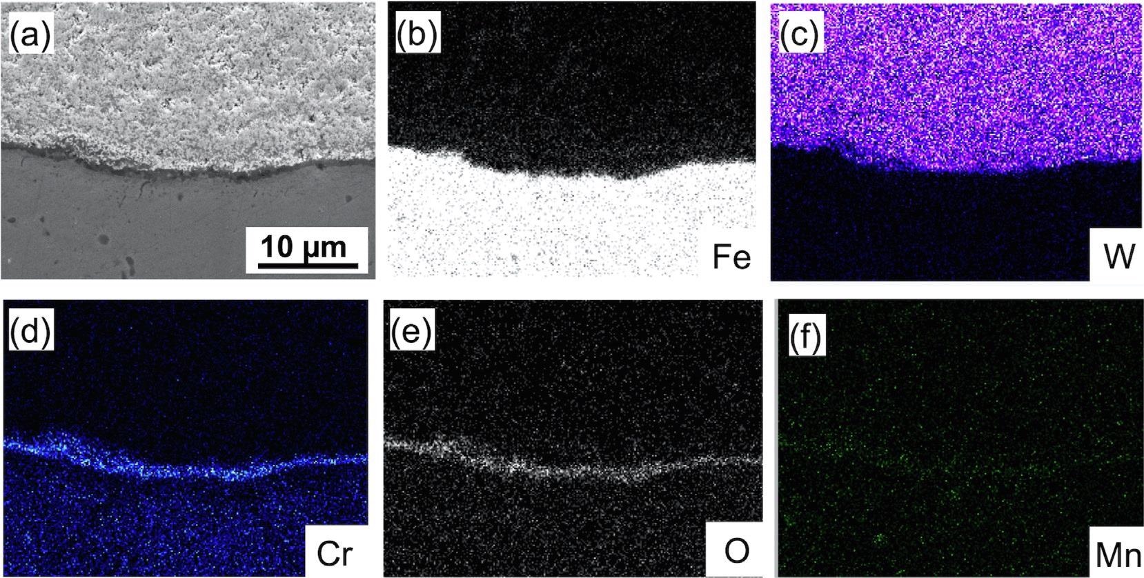 (a) SE micrograph showing a dark grey interlayer at the tungsten/steel interface, and (b-f) EDS spectra showing the distribution of Fe, W, Cr, O and Mn.