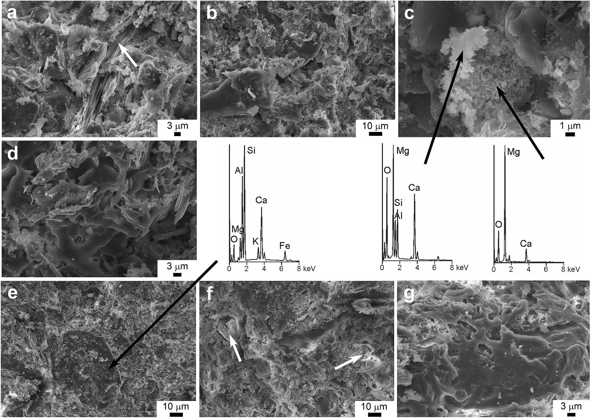 FESEM secondary electron images and EDS spectra of the bricks made without additive (image a belongs to VG800, b and c to VG950, d to VG1100) and of those containing 20 wt% volcanic ash (image e belongs to VGb800, f to VGb950, g to VGb1100).