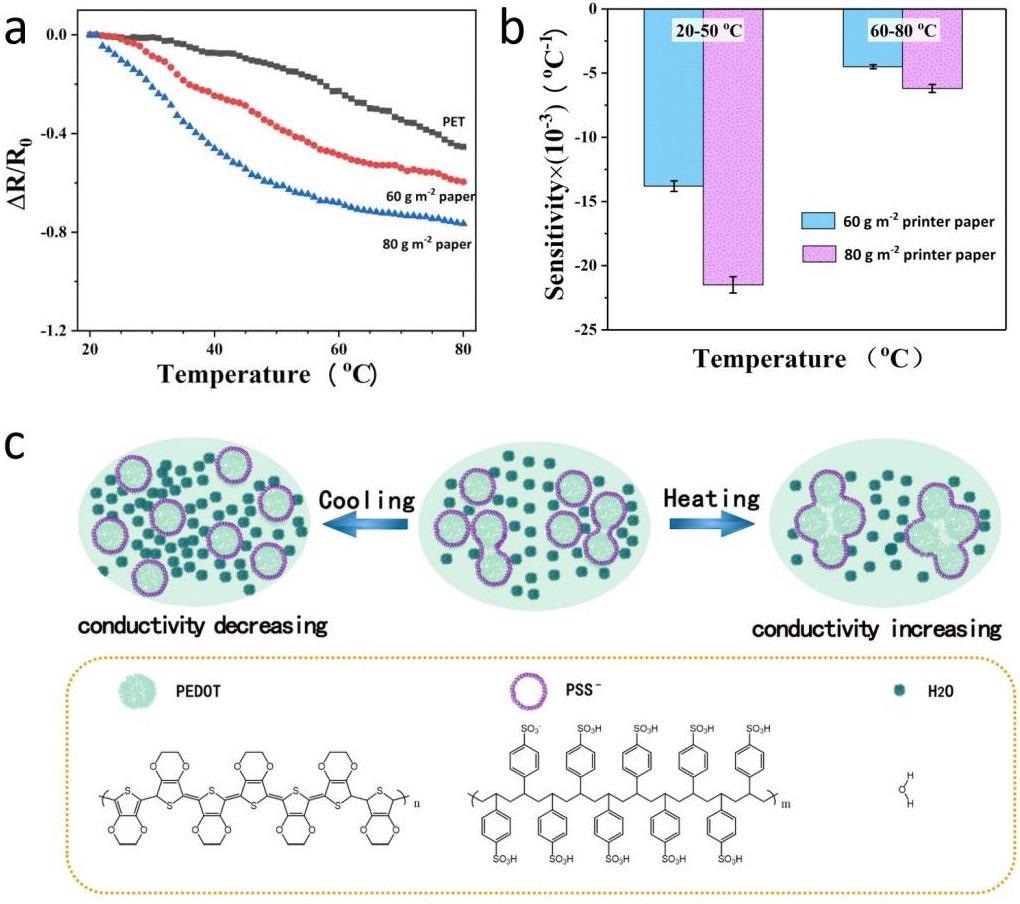Effect of flexible substrates on sensitivity. (a) Variation curves of the normalized resistance (?R/R0) with respect to temperature for three flexible temperature sensors; (b) the sensitivity of paper-based sensors within different temperature ranges; (c) schematic diagram of temperature response mechanism for PEDOT:PSS based sensor.