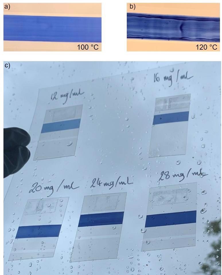 PM6:Y6 slot die coated at a) 100 °C and b) 120 °C. c) Effect of the AL thickness on the transparency of the ITO/ZnO/AL stack against a window light.