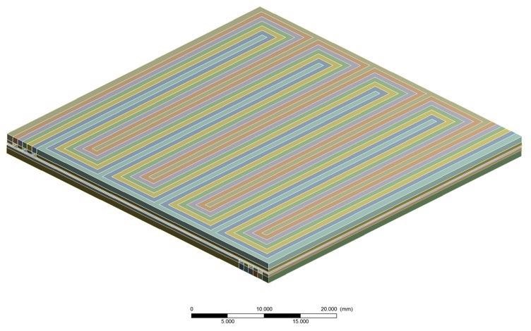 Decomposed geometry of the anode and cathode flow fields.