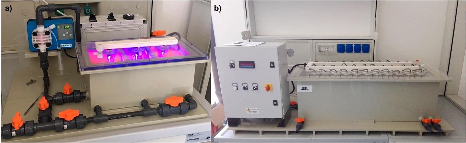 (a) LED-based semi-pilot photocatalytic reactor tested (6L), used in this study; (b) Up-scaled reactor (100L) built upon the best design options in the present study.