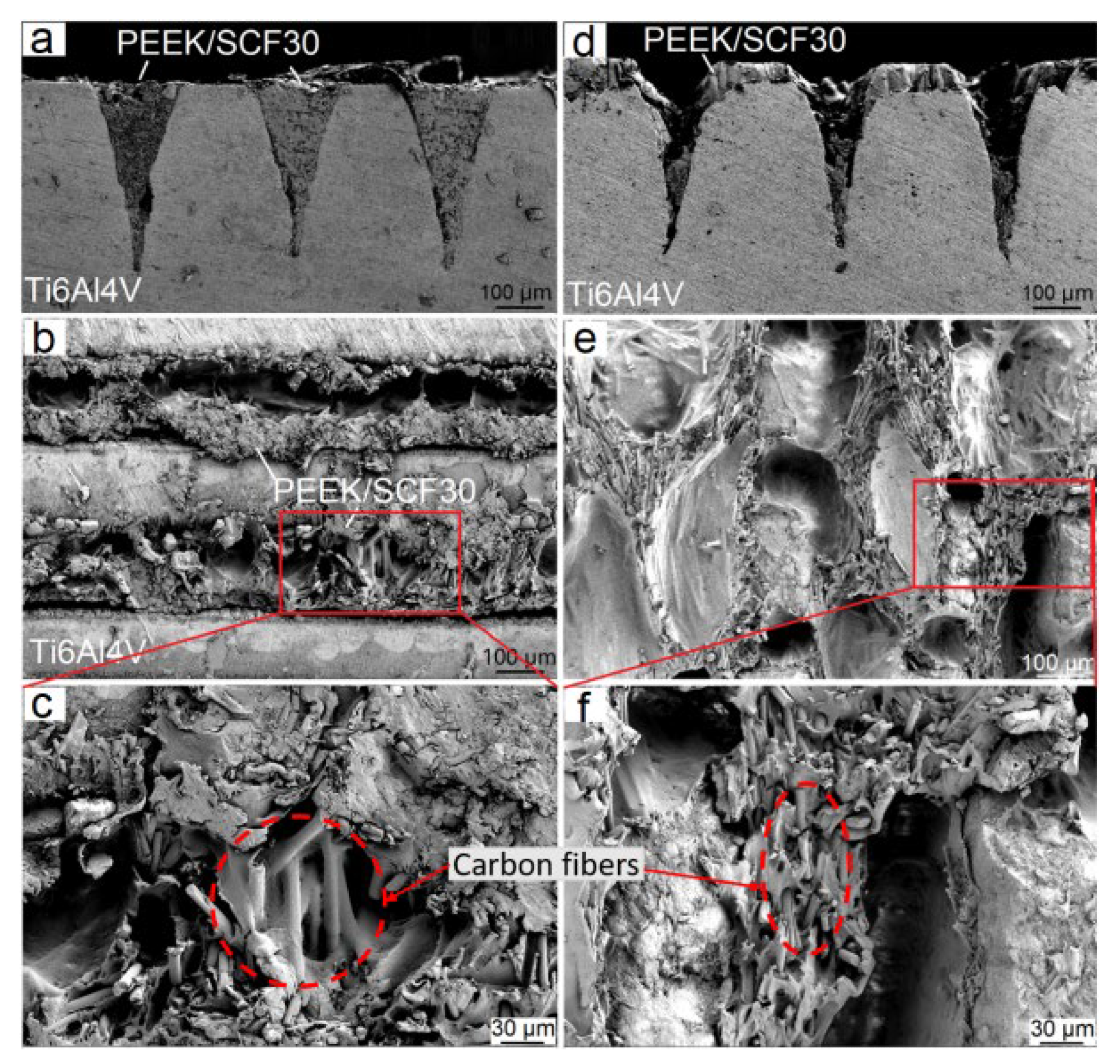 Typical cross-sectional images of the fractured joints ((a), (Sdf = 63.8%), (d), (Sdp = 85.6%)) and the morphologies of the detached surfaces (b,c,e,f) after tensile tests.