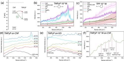 (a) Proposed band diagram showing a possible charge transfer between the CNF substrate and a TMPyP molecule. SERS spectra of porphyrins on different types of cellulose-based substrates compared to silver nanoparticles and silicon for (b) 10–4 M TMPyP and (c) 10–3 M TPP. Normalized SERS spectra of TMPyP on (d) CNF and (e) GO used for the determination of the detection limit. (f) Spectrum of 10–5 M TMPyP on CNF, highlighting the low detection limit on the metal-free substrate.