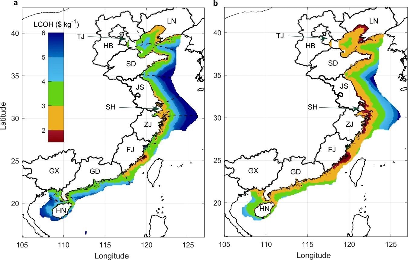a and b are for 2030 and 2050, respectively. Results from the baseline scenario assuming the methylcyclohexane (MCH) transport mechanism are presented. The dashed black lines denote offshore wind areas which are in closest proximity to particular provincial-level administrative divisions. LN, TJ, HB, SD, JS, SH, ZJ, FJ, GD, GX, and HN are the abbreviations for Liaoning, Tianjin, Hebei, Shandong, Jiangsu, Shanghai, Zhejiang, Fujian, Guangdong, Guangxi, and Hainan, respectively.