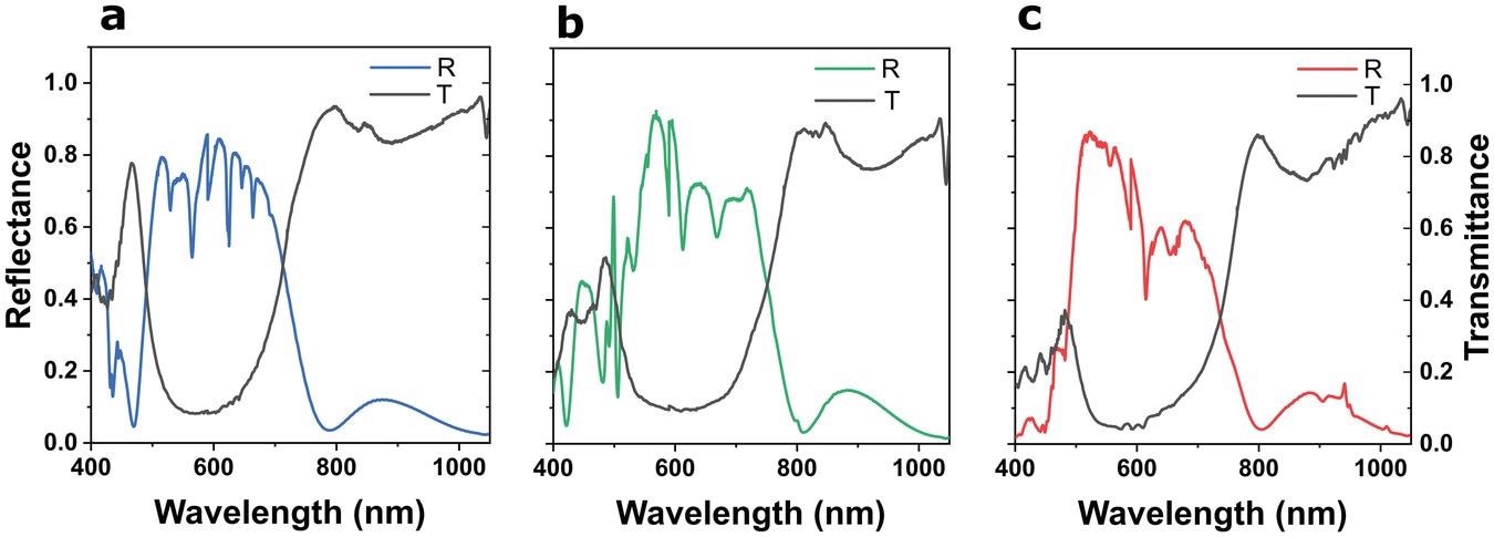 Optical characterization of transmittance (black) and reflectance (colored line) from quasi-3D PhCs for three different pitches. a) 400 nm, b) 500 nm and c) 600 nm under supercontinuum white light illumination.