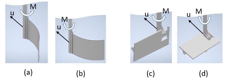 Two types of propulsion systems used for tests: the flexible fin during counterclockwise (a) and clockwise (b) movement; the flipper with an additional joint during the power (c) and return (d) stroke.