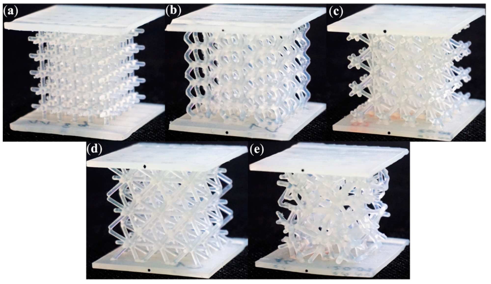 Photographs of the printed structures: (a) Grid; (b) Hexagon; (c) Star; (d) Tetra; (e) Trabecular.