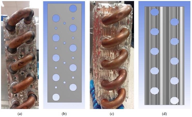 (a) Picture of perforated plain fin type heat exchanger, (b) perforated holes’ arrangement, (c) louvred fins heat exchanger, (d) louvred fin shape.