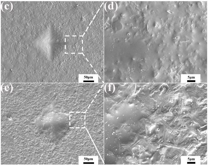 SEM morphology of Vickers indentation and cracks after healing at (a,b) 600 °C, (c,d) 700 °C and (e,f) 800 °C for 60 min.