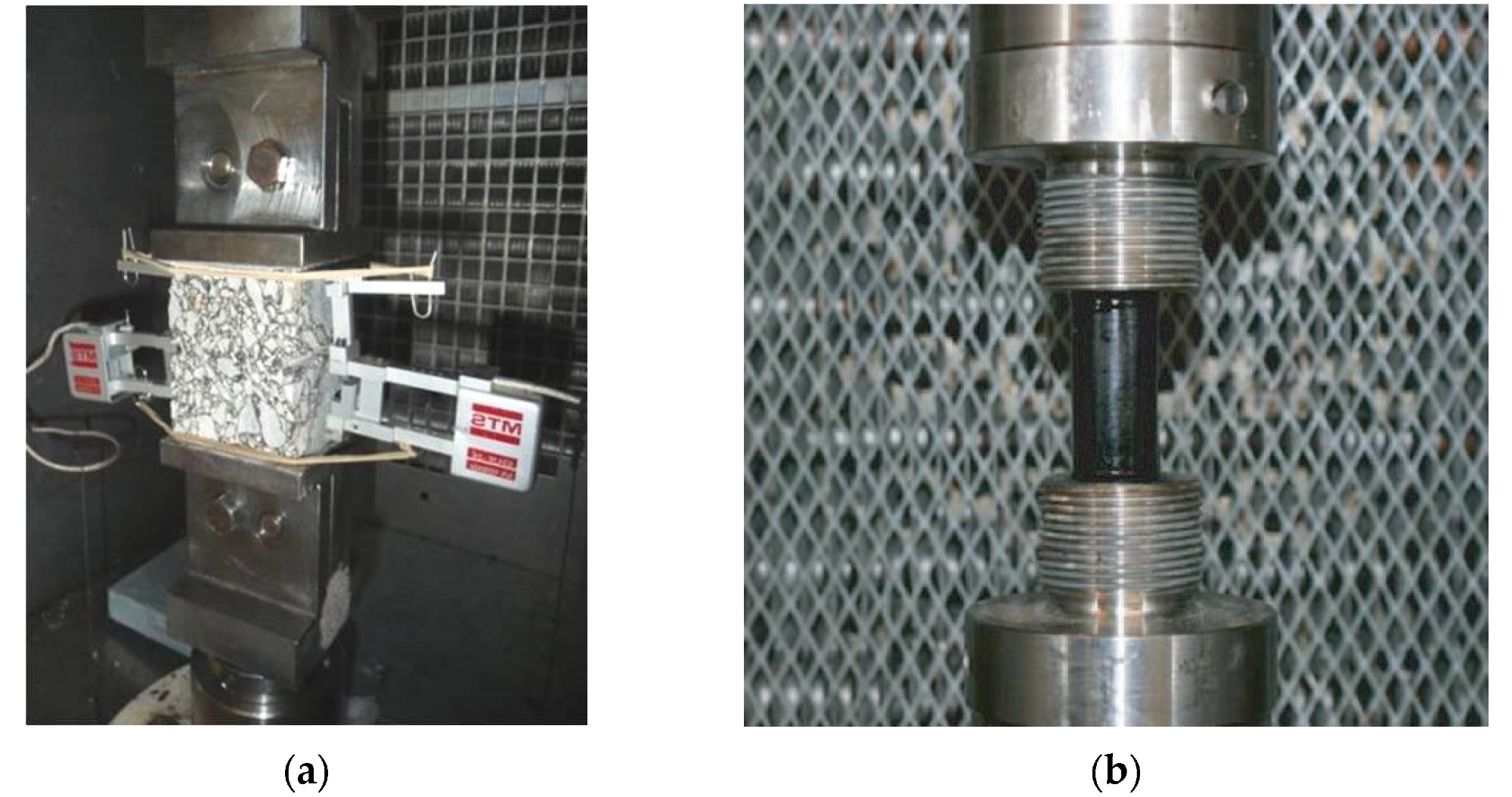 EBADE tests set up for (a) prismatic asphalt mixture and (b) cylindrical asphalt bitumen specimens.