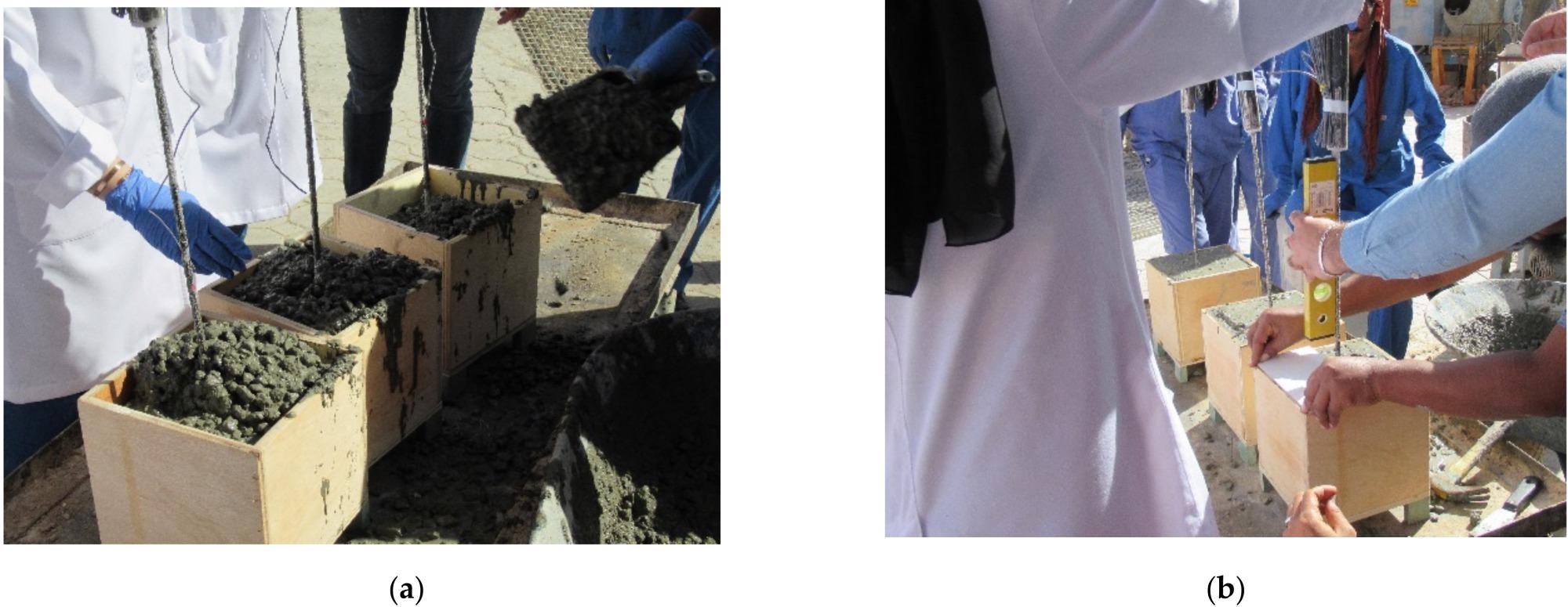 Pull-out test specimens: (a) concrete casting and (b) vertical positioning of FRP bars.