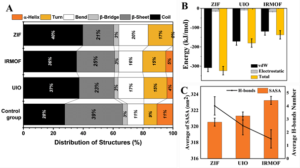 A) Distribution of the spike protein secondary structures after interaction with MOFs. B) Average vdW, the electrostatic and total energy of the spike protein and MOF interactions. C) Average of contact area between SP and aqueous media after interacting with MOFs & average H-bonds between spike protein and MOFs. D) Adsorption of spike protein on the surface of MOFs after the interaction.