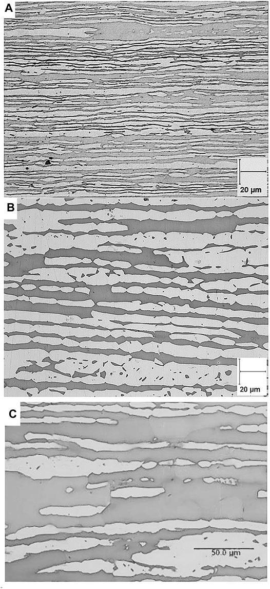 Microstructure of UNS 32750 SDSS alloys (A) thin tube SDSS 1, (B) thin plate SDSS 2, and (C) thick plate SDSS 3. Ferrite phase appears in dark gray and austenite phase in light gray.