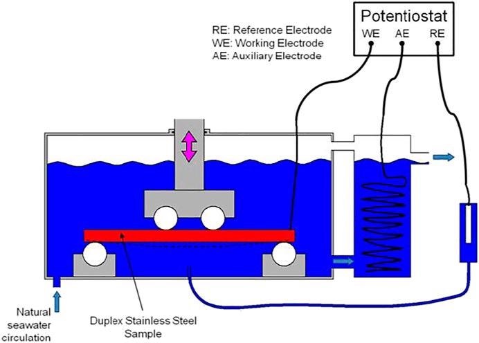 Equipment to perform the 4-point bending fatigue test in natural seawater with CP.