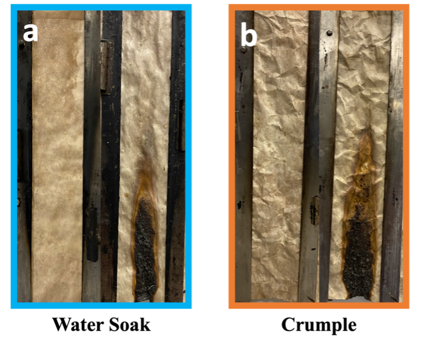 Figure 3. Pre- (left) and post-burn (right) images for PEI/PSP crosslinked coating on paper after water soak (a) and crumpling (b).