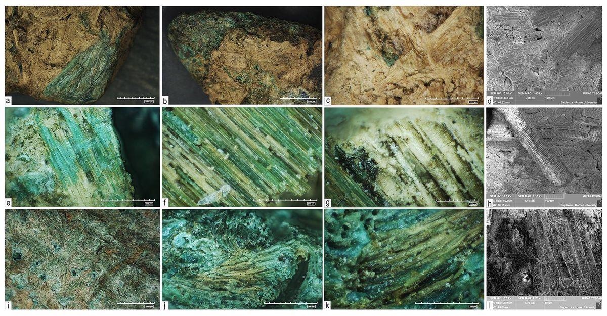 Figure 3.  Residues observed on the copper-alloy daggers from Pragatto, interpreted as remnants of sheaths. a-h) specimen no 2037 observed with an RH-Hirox digital microscope displays intertwined plant fibers interpreted as cfr. Alnus; (h) SEM imaging (MIRA3 by Tescan) of sample no 2037 highlights details of xylem plant cells and water conducting tissues; i-l) specimen no 1707 observed with an RH-Hirox digital microscope displays residues of non-determined fur fibers; l) details of the negative cast of the animal fur residues as observed with a SEM microscope (MIRA3 by Tescan).